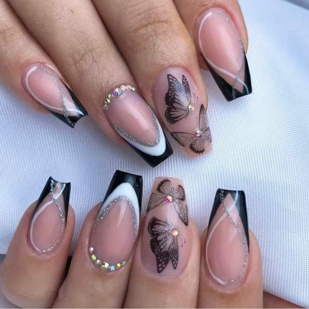 24pcs Sweet Cool Butterfly Press On Nails Medium French Tip Fake Nails